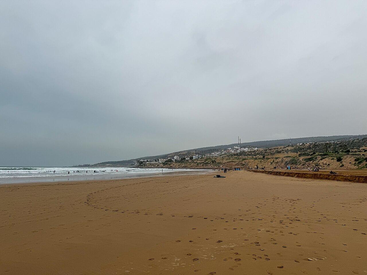 Taghazout beach, Morocco — real area photograph, not camp accommodation