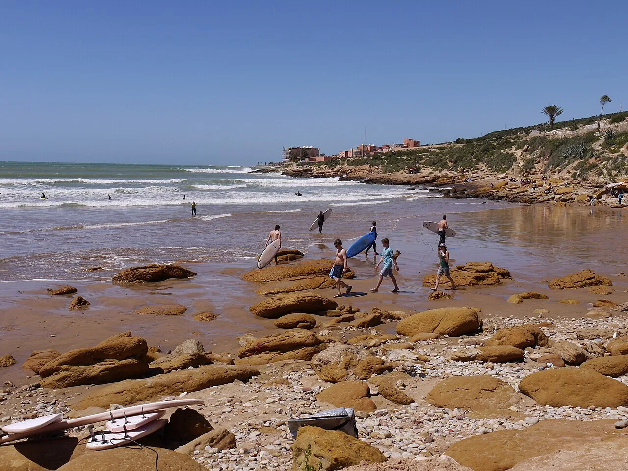 Taghazout beach, Morocco — real area photograph, not camp accommodation